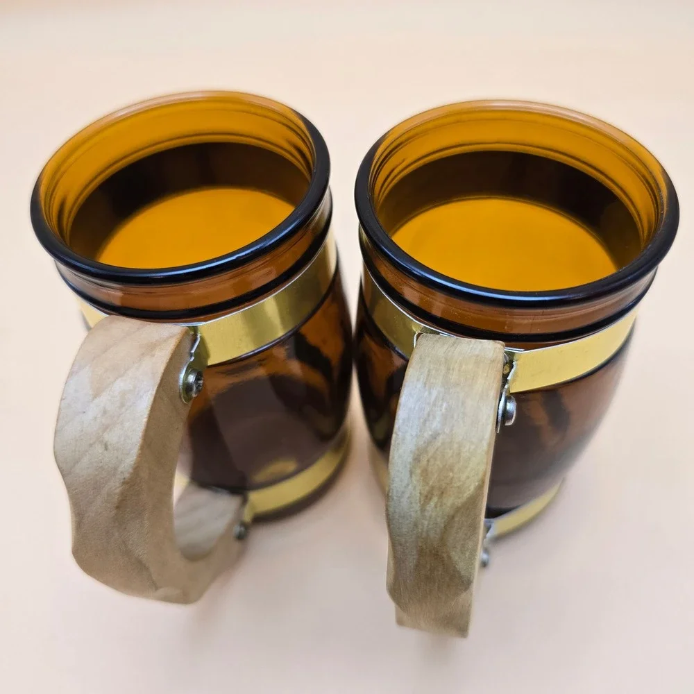 Vintage Amber Glass Beer Stein Salt and Pepper Shakers Wood Handle Gold Trim Set